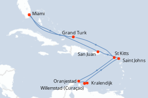 Carte itinéraire croisière Porto Rico, Pays-Bas, Aruba, Antigua-et-Barbuda, États-Unis - 14 jours au départ de Miami - Caraïbes Bahamas