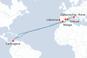 Carte itinéraire croisière Italie, Colombie, Espagne, Portugal - 7 jours au départ de Lisbonne - Méditerranée