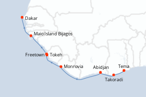 Carte itinéraire croisière Sénégal, Guinée, Sierra Leon, Côte d Ivoire, Ghana - 10 jours au départ de Tema - Ouest Africain