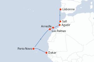 Carte itinéraire croisière Portugal, Maroc, Espagne, Cap-Vert, Sénégal - 10 jours au départ de Dakar - Atlantique