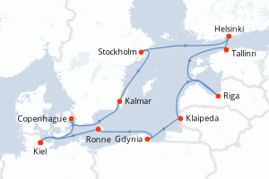 Carte itinéraire croisière Allemagne, Danemark, Suède, Finlande, Estonie, Lettonie, Lituanie, Pologne - 14 jours au départ de Kiel - Europe du Nord
