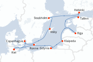 Carte itinéraire croisière Allemagne, Danemark, Suède, Finlande, Estonie, Lettonie, Lituanie, Pologne - 14 jours au départ de Kiel - Europe du Nord