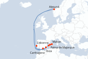 Carte itinéraire croisière Espagne, Norvège, Portugal - 8 jours au départ de Palma de Majorque - Atlantique