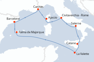 Carte itinéraire croisière Espagne, France, Italie, Malte - 10 jours au départ de Barcelone - Méditerranée