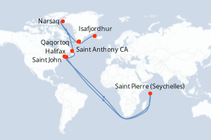 Carte itinéraire croisière Canada, Seychelles, Gröenland, Islande - 11 jours au départ de Halifax - Arctique