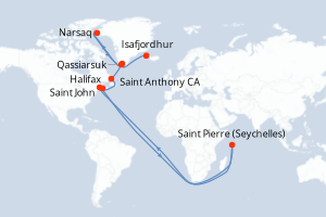 Carte itinéraire croisière Canada, Seychelles, Gröenland, Islande - 11 jours au départ de Halifax - Arctique