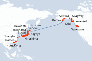 Carte itinéraire croisière Chine, Corée du Sud, Japon, États-Unis, Canada - 35 jours au départ de Hong Kong - Alaska