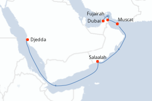 Carte itinéraire croisière Emirats Arabes Unis, Oman, Arabie Saoudite - 9 jours au départ de Dubai - Mer Rouge Océan Indien