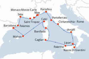 Carte itinéraire croisière Espagne, Monaco, Italie, France - 19 jours au départ de Barcelone - Méditerranée
