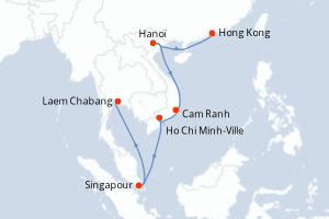 Carte itinéraire croisière Chine, Vietnam, Singapour, Thaïlande - 12 jours au départ de Hong Kong - Asie