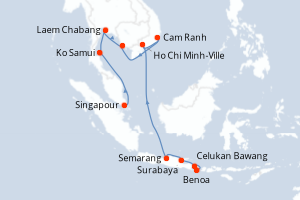 Carte itinéraire croisière Indonésie, Vietnam, Cambodge, Thaïlande, Singapour - 16 jours au départ de Benoa - Asie