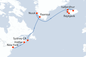 Carte itinéraire croisière États-Unis, Canada, Gröenland, Islande - 18 jours au départ de New York - Europe du Nord