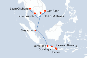 Carte itinéraire croisière Indonésie, Singapour, Vietnam, Cambodge, Thaïlande - 14 jours au départ de Benoa - Asie