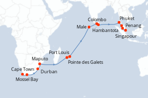 Carte itinéraire croisière Afrique du Sud, Mozambique, France, Maurice, Maldives, Sri Lanka, Thaïlande, Malaisie, Singapour - 24 jours au départ de Cape Town - Asie