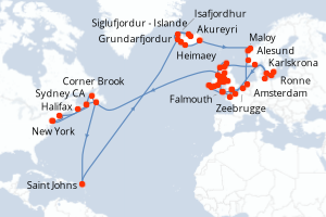 Carte itinéraire croisière États-Unis, Canada, Antigua-et-Barbuda, Islande, Pays-Bas, Belgique, Royaume-Uni, Irlande, Norvège, Danemark, Allemagne, Suède, France - 67 jours au départ de New York - Tour du Monde