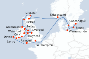 Carte itinéraire croisière Royaume-Uni, Irlande, Norvège, Danemark, Allemagne, Suède - 25 jours au départ de Southampton - Europe du Nord