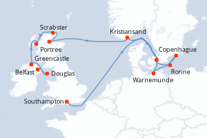 Carte itinéraire croisière Irlande, Norvège, Danemark, Allemagne, Suède, Royaume-Uni - 15 jours au départ de Belfast - Europe du Nord