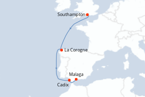 Carte itinéraire croisière Royaume-Uni, Espagne - 5 jours au départ de Southampton - Méditerranée