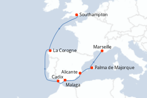 Carte itinéraire croisière Royaume-Uni, Espagne, France - 8 jours au départ de Southampton - Méditerranée