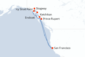 Carte itinéraire croisière Inside Passage (Roundtrip San Francisco) - 10 jours au départ de San Francisco - Amérique du Nord