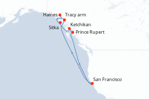Carte itinéraire croisière Inside Passage (Roundtrip San Francisco) - 10 jours au départ de San Francisco - Amérique du Nord