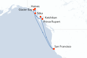 Carte itinéraire croisière Inside Passage (Roundtrip San Francisco) - 10 jours au départ de San Francisco - Amérique du Nord