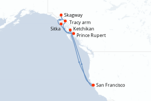 Carte itinéraire croisière Inside Passage (Roundtrip San Francisco) - 10 jours au départ de San Francisco - Amérique du Nord