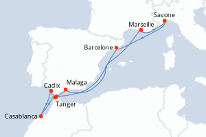 Carte itinéraire croisière France, Italie, Espagne, Maroc, Gibraltar - 10 jours au départ de Marseille - Méditerranée