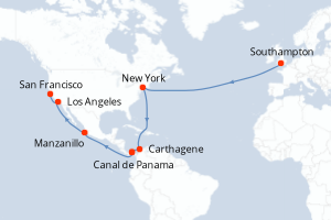 Carte itinéraire croisière Royaume-Uni, Colombie, Panama, Mexique, États-Unis - 26 jours au départ de Southampton - Transatlantique