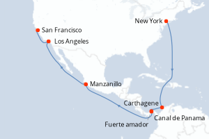 Carte itinéraire croisière Colombie, Panama, Mexique, États-Unis - 18 jours au départ de New York - Amérique du Nord