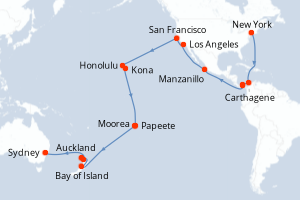 Carte itinéraire croisière Colombie, Panama, Mexique, États-Unis, France, Nouvelle-Zélande, Australie - 43 jours au départ de New York - Australie Nouvelle Zélande