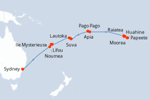 Carte itinéraire croisière France, États-Unis, Samoa, Fidji (Îles), Vanuatu, Nouvelle-Calédonie, Australie - 21 jours au départ de Papeete - Australie Nouvelle Zélande