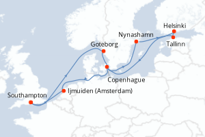 Carte itinéraire croisière Royaume-Uni, Suède, Estonie, Finlande, Danemark, Pays-Bas - 12 jours au départ de Southampton - Europe du Nord