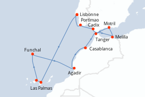 Carte itinéraire croisière Portugal, Maroc, Espagne - 13 jours au départ de Lisbonne - Atlantique