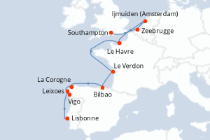Carte itinéraire croisière Royaume-Uni, Belgique, Pays-Bas, France, Espagne, Portugal - 11 jours au départ de Southampton - Atlantique