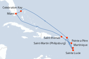 Carte itinéraire croisière États-Unis, Sainte-Lucie, France, Pays-Bas, Bahamas - 11 jours au départ de Miami - Caraïbes Bahamas