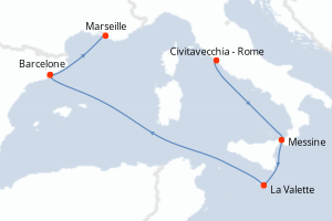 Carte itinéraire croisière Italie, Malte, Espagne, France - 5 jours au départ de Civitavecchia - Rome - Méditerranée
