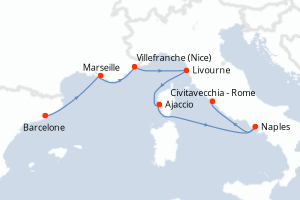 Carte itinéraire croisière Espagne, France, Italie - 7 jours au départ de Barcelone - Méditerranée