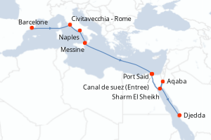 Carte itinéraire croisière Espagne, Italie, Egypte, Jordanie, Arabie Saoudite - 12 jours au départ de Barcelone - Mer Rouge Océan Indien