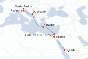 Carte itinéraire croisière Arabie Saoudite, Egypte, Grèce, Croatie, Italie - 10 jours au départ de Djedda - Mer Rouge Océan Indien