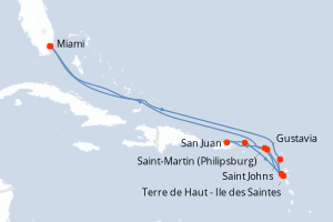 Carte itinéraire croisière États-Unis, Antigua-et-Barbuda, France, Pays-Bas, Porto Rico, Royaume-Uni - 14 jours au départ de Miami - Caraïbes Bahamas