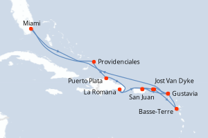 Carte itinéraire croisière Porto Rico, Royaume-Uni, France, États-Unis, République Dominicaine - 14 jours au départ de San Juan - Caraïbes Bahamas
