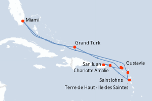Carte itinéraire croisière États-Unis, Antigua-et-Barbuda, France, Royaume-Uni, Porto Rico, Pays-Bas - 14 jours au départ de Miami - Caraïbes Bahamas