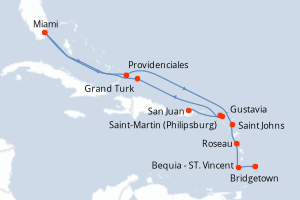 Carte itinéraire croisière Porto Rico, Pays-Bas, Royaume-Uni, États-Unis, France, Antigua-et-Barbuda, Dominique, Saint Vincent-et-les-Grenadines, Barbade - 14 jours au départ de San Juan - Caraïbes Bahamas