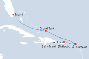 Carte itinéraire croisière Porto Rico, Pays-Bas, Royaume-Uni, États-Unis - 7 jours au départ de San Juan - Caraïbes Bahamas