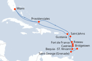 Carte itinéraire croisière États-Unis, France, Antigua-et-Barbuda, Dominique, Saint Vincent-et-les-Grenadines, Barbade, Grenade, Sainte-Lucie, Royaume-Uni - 15 jours au départ de Miami - Caraïbes Bahamas