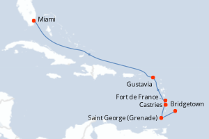 Carte itinéraire croisière Barbade, Grenade, Sainte-Lucie, France, Royaume-Uni, États-Unis - 8 jours au départ de Bridgetown - Caraïbes Bahamas