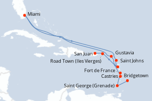 Carte itinéraire croisière Barbade, Grenade, Sainte-Lucie, France, Royaume-Uni, États-Unis, Antigua-et-Barbuda, Porto Rico - 15 jours au départ de Bridgetown - Caraïbes Bahamas