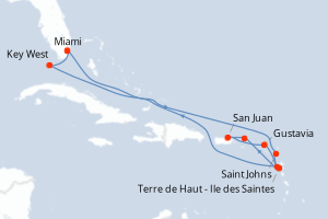 Carte itinéraire croisière États-Unis, Antigua-et-Barbuda, France, Royaume-Uni, Porto Rico - 14 jours au départ de Miami - Caraïbes Bahamas