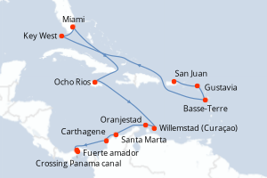 Carte itinéraire croisière Porto Rico, Royaume-Uni, France, États-Unis, Jamaïque, Aruba, Colombie, Panama - 17 jours au départ de San Juan - Canal de Panama
